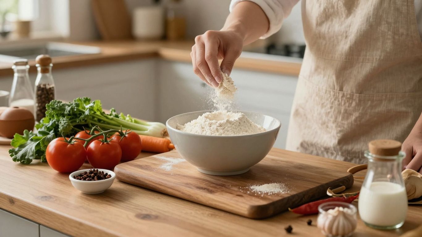 Home kitchen with ingredients and baking.