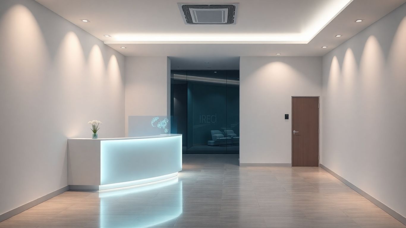 AI interface in a modern clinic reception.