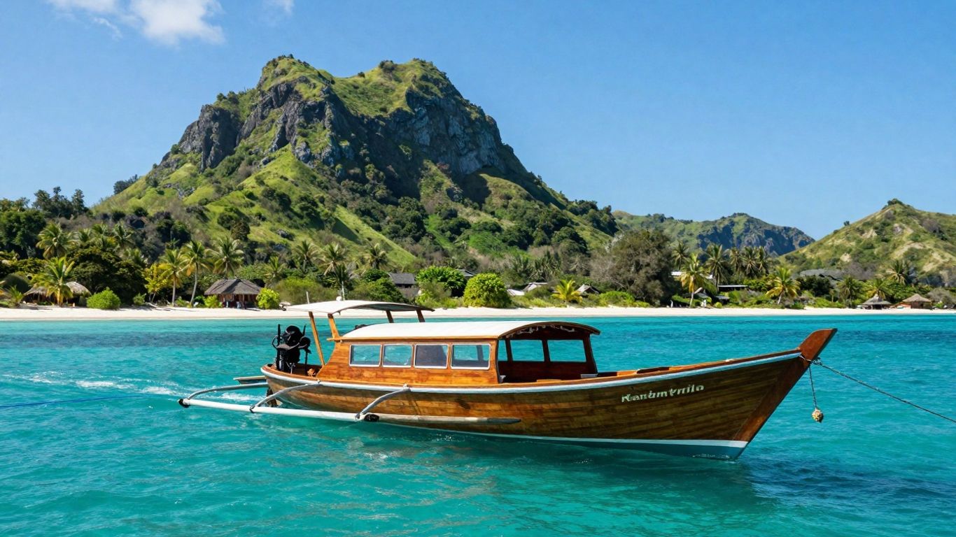 Komodo boat sailing on turquoise water near islands