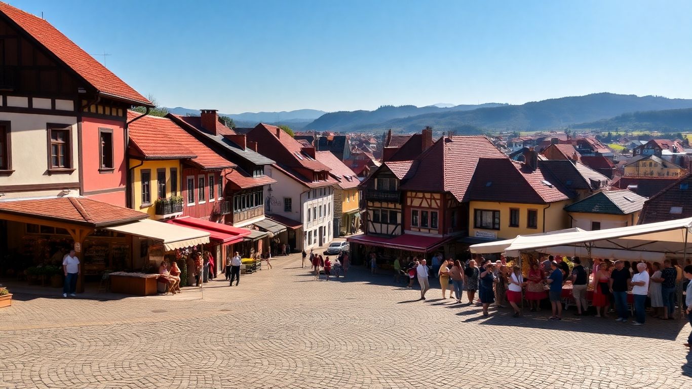 Stradă pietruită cu oameni la un eveniment cultural local