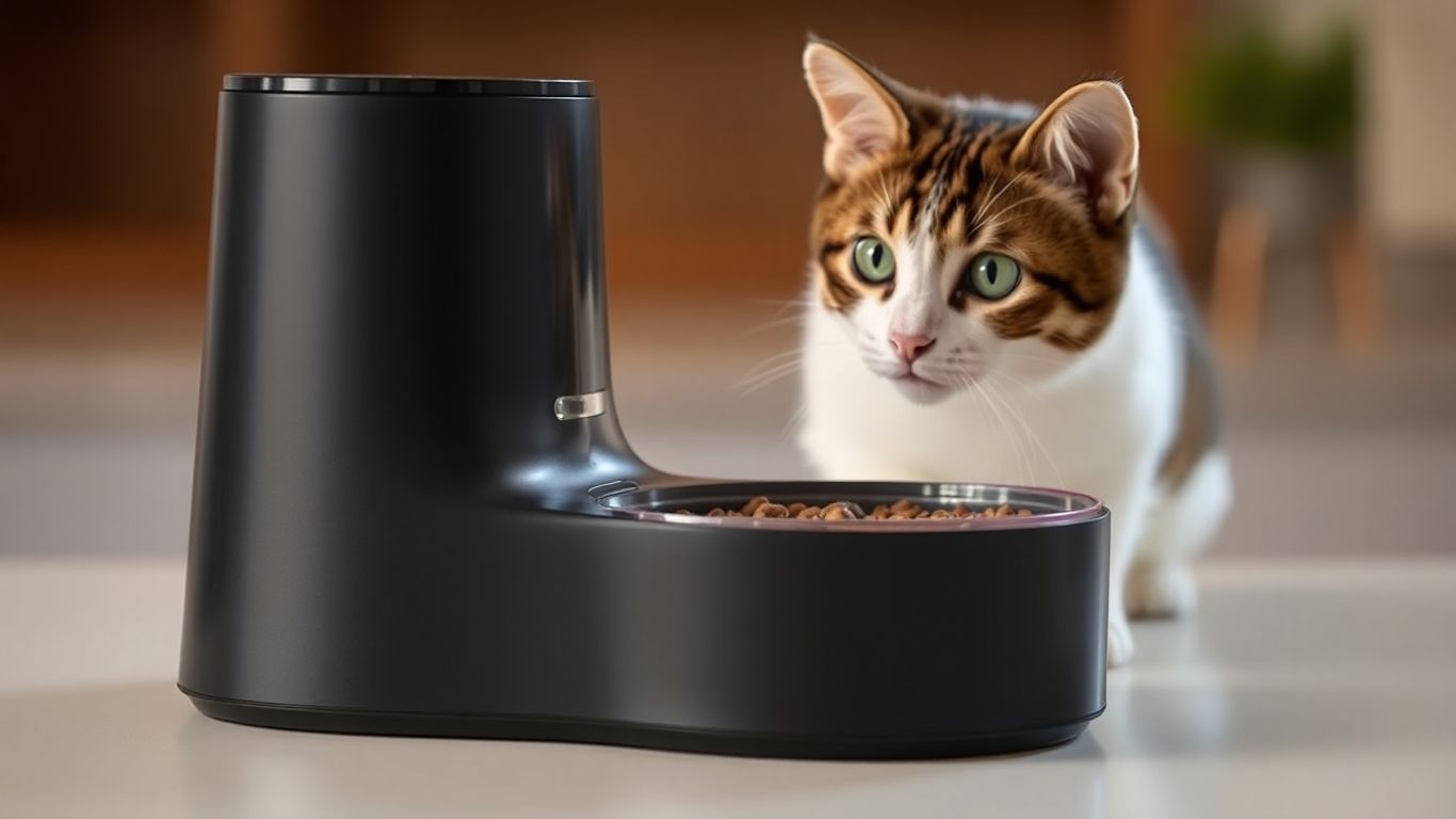 Modern automatic pet feeder with a curious pet nearby.