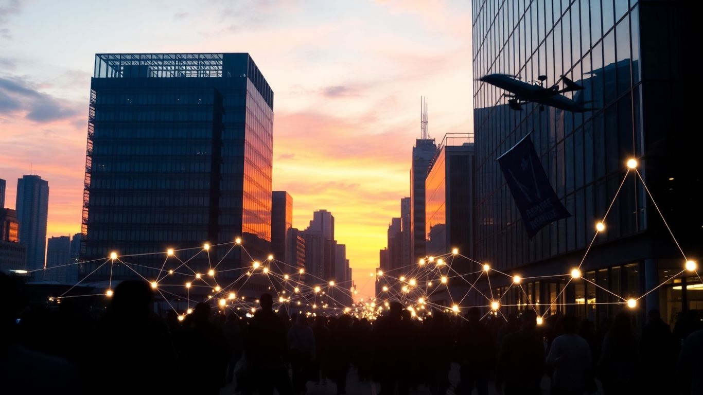 Réseau social connectant des personnes dans une ville moderne.