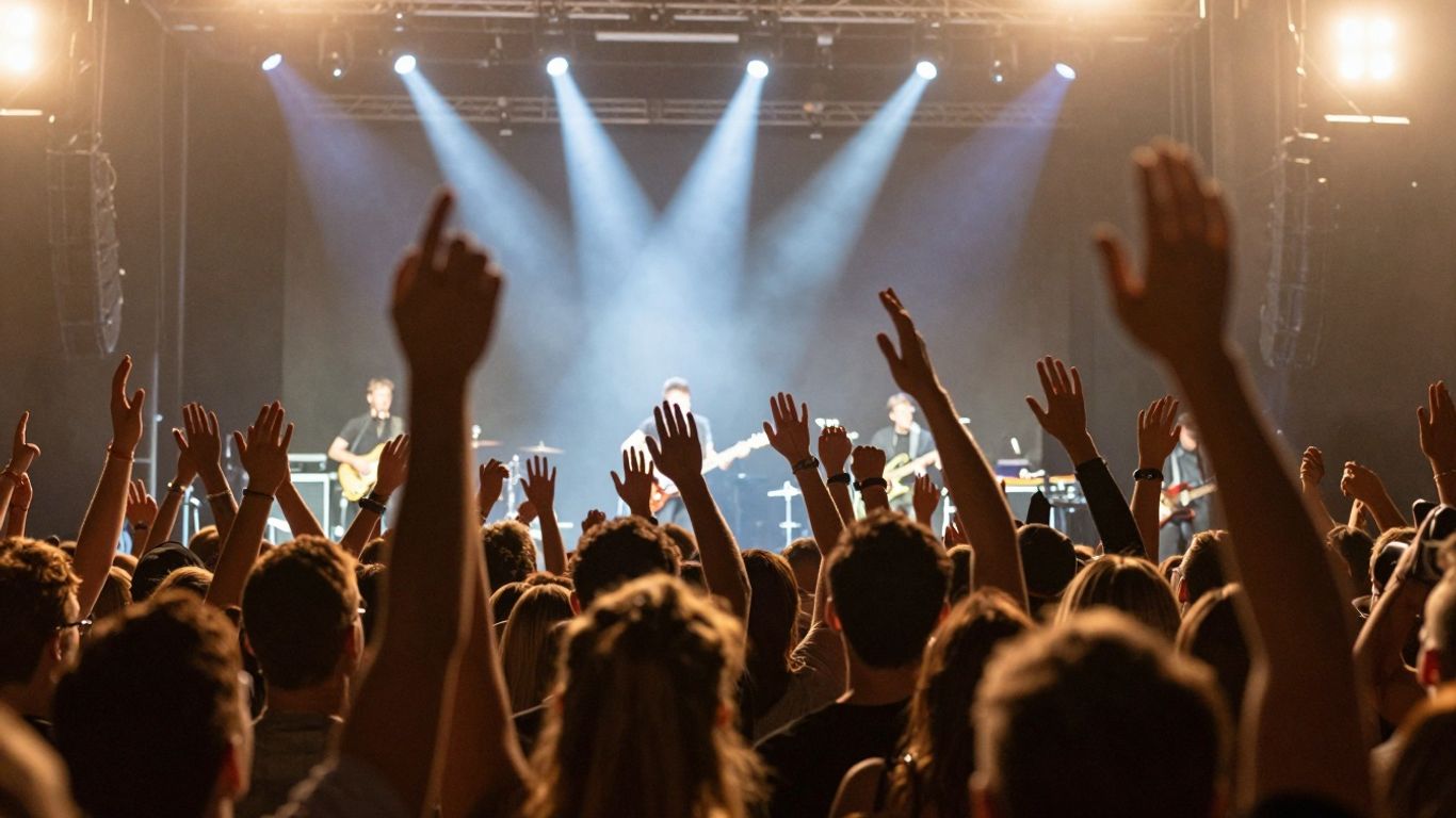 Concertpubliek met handen in de lucht bij een live optreden.