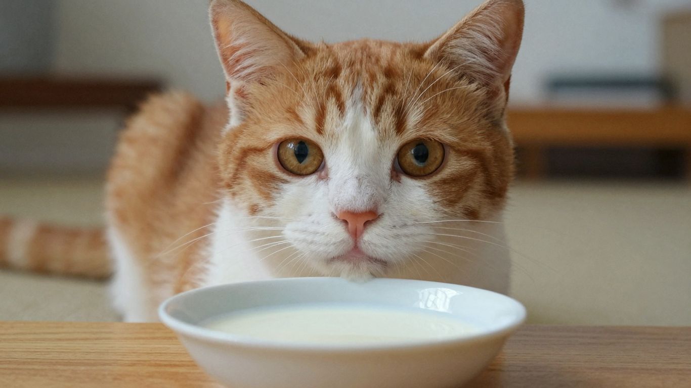 Cat looking at a saucer of milk.
