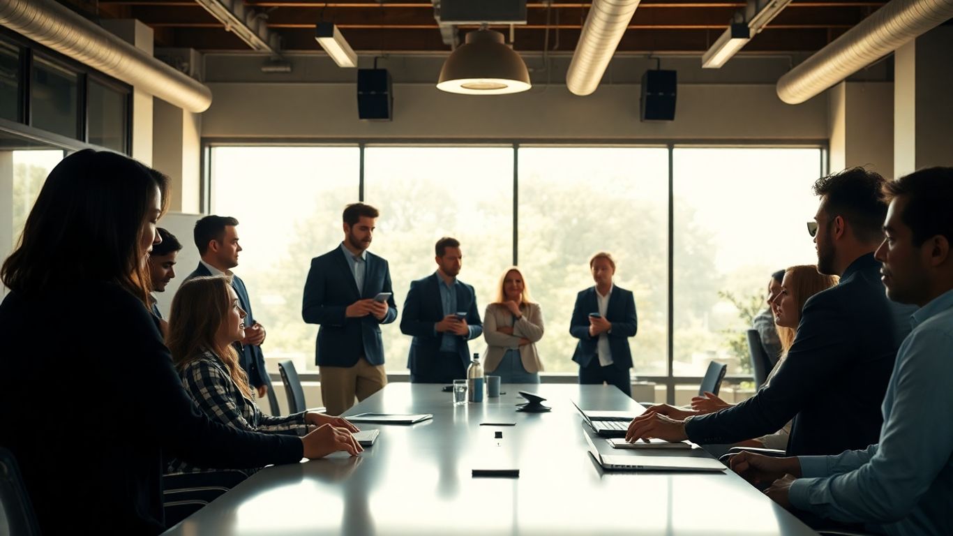 Entertainment company office with professionals collaborating.