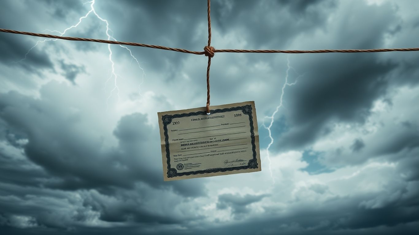 Stock certificate swaying precariously against stormy, turbulent clouds.