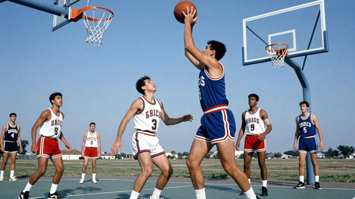 Jucători de baschet în acțiune pe un teren vechi.