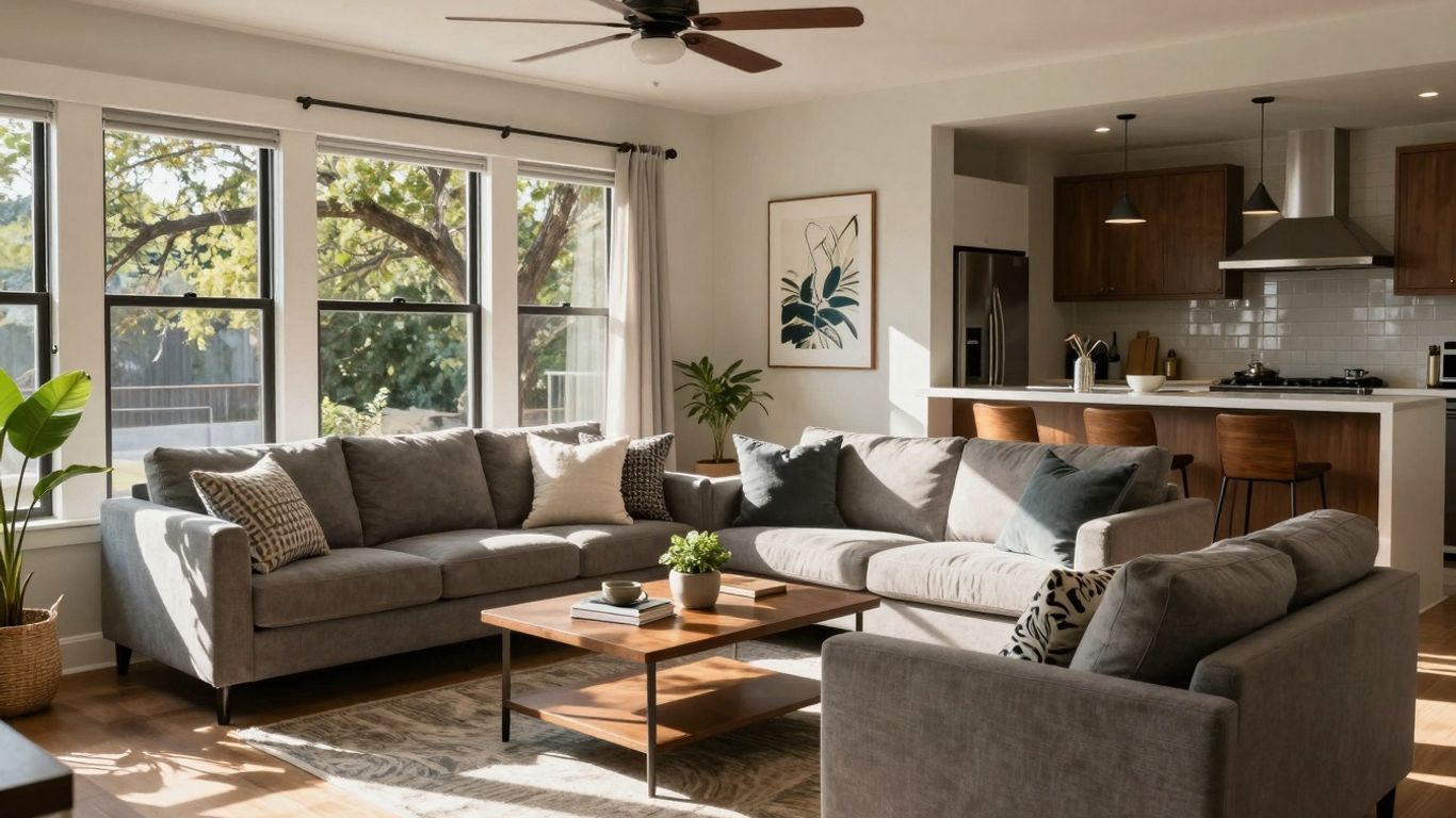 Austin Airbnb interior with modern furniture and sunlight.