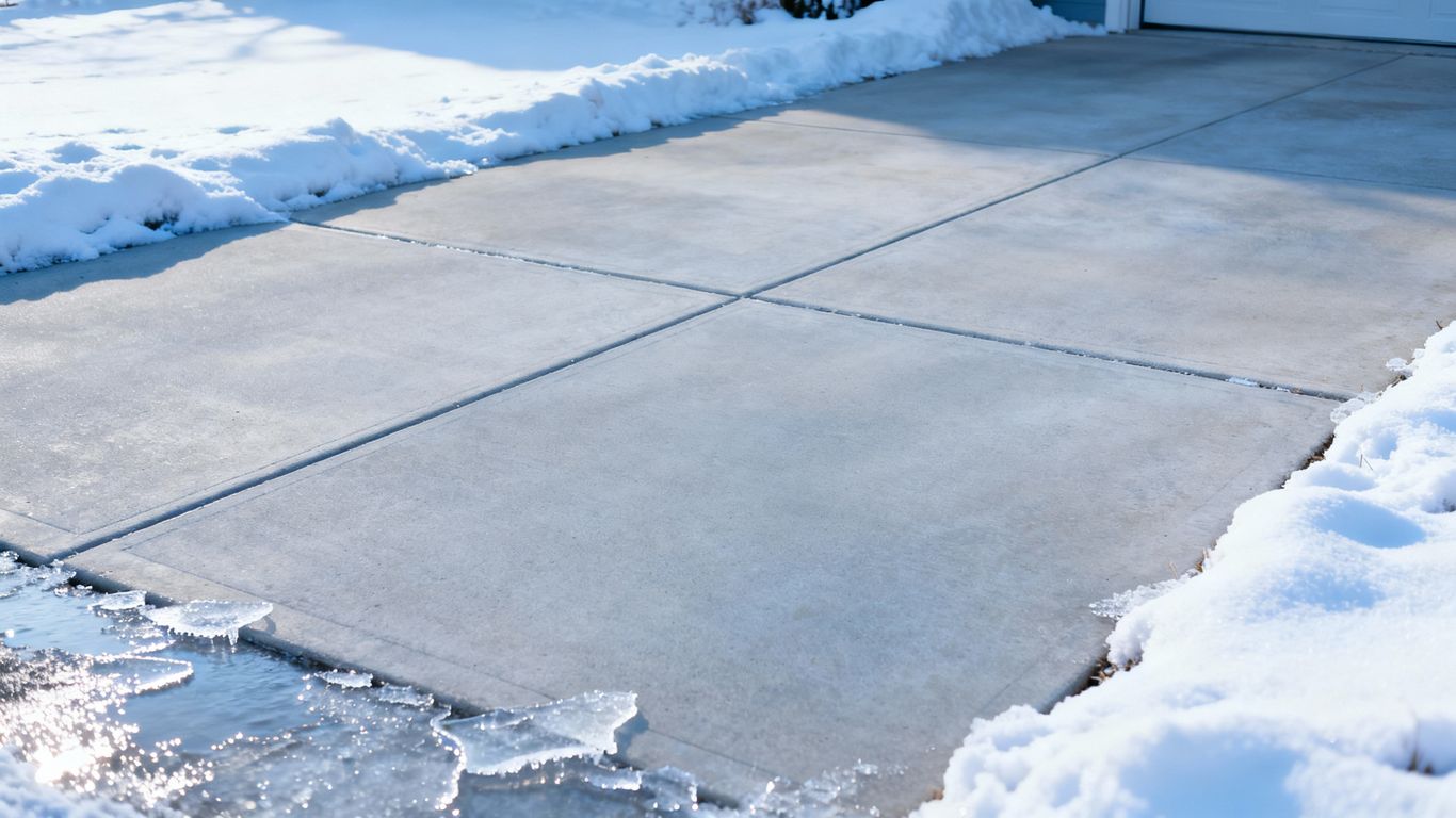 Snowy concrete driveway with ice accents.