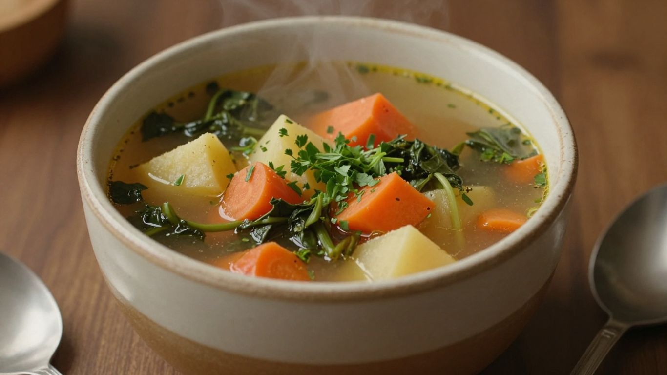 Hearty vegetarian soup with colorful vegetables in a rustic bowl.