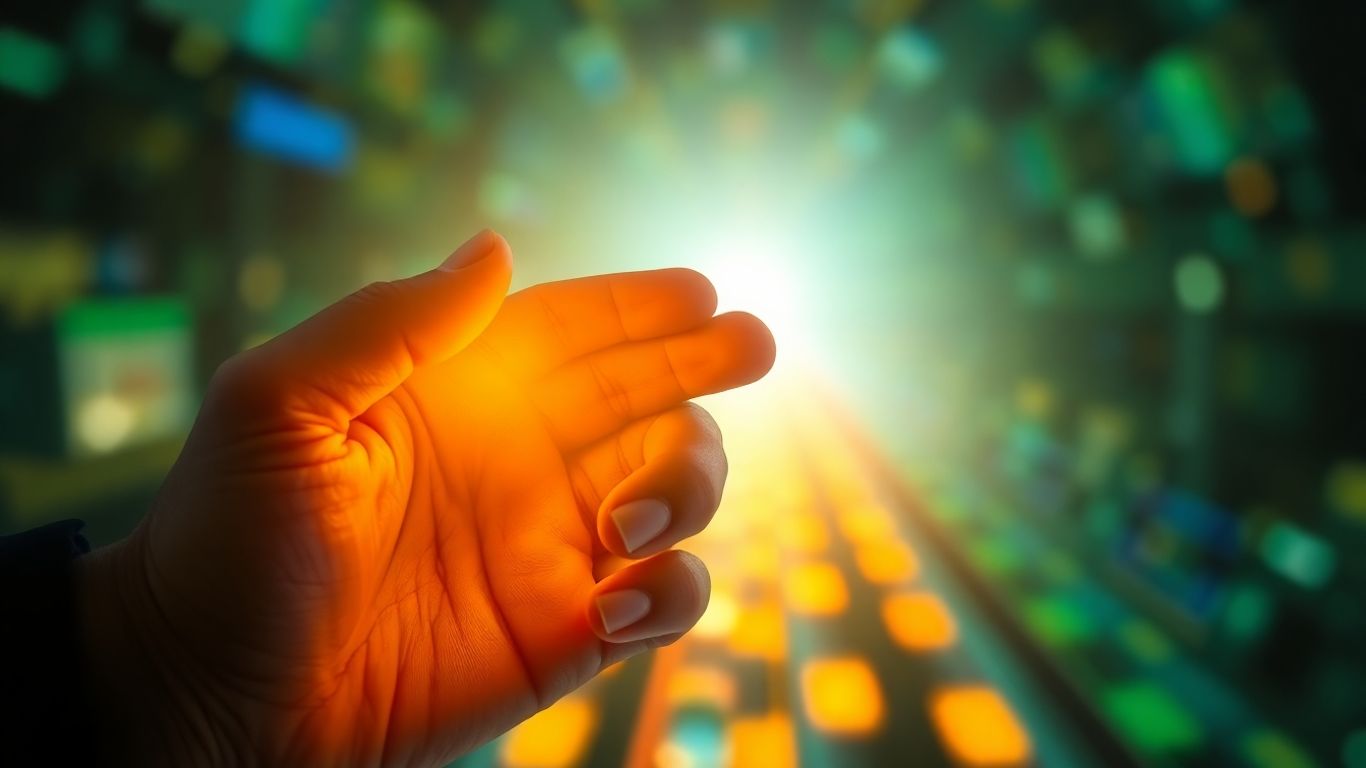 Hand unlocking digital pathway with flowing light