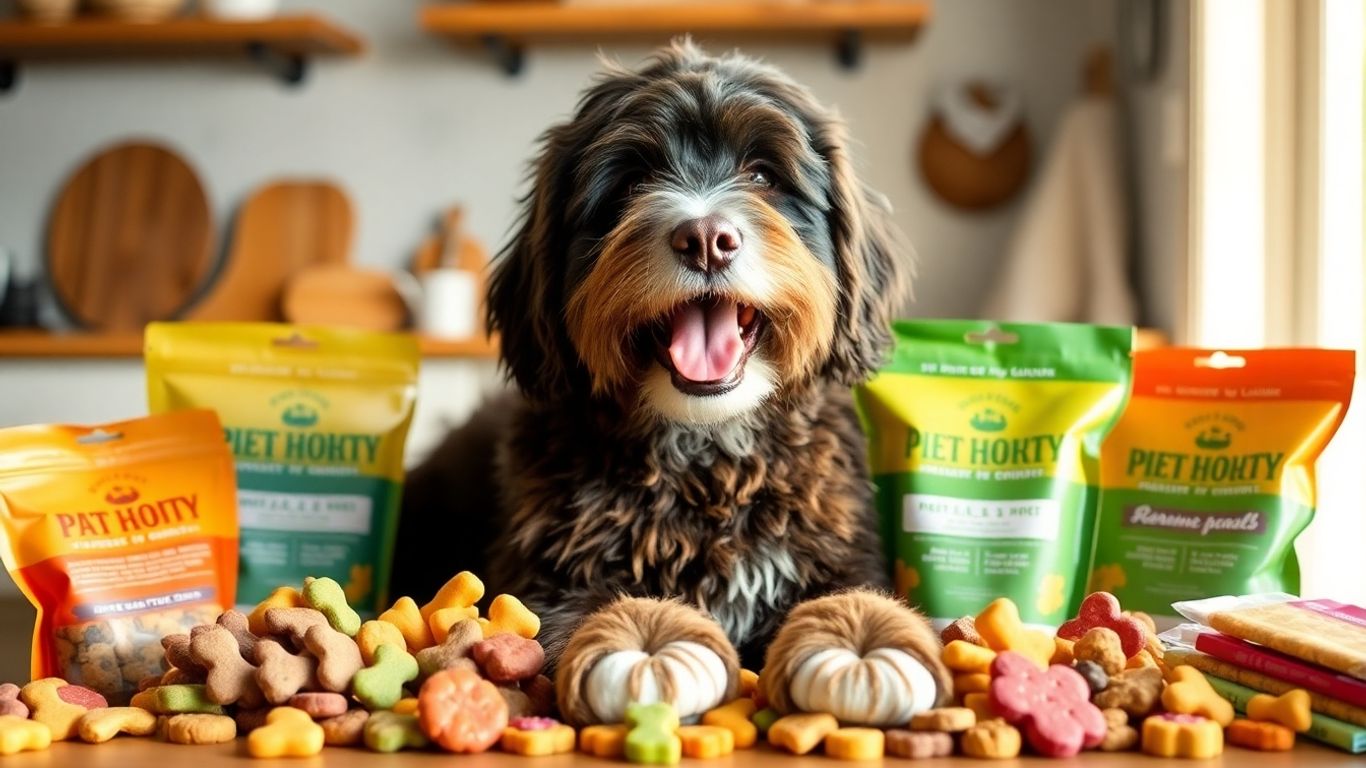 Bernedoodle with assorted Pennsylvania-made dog treats