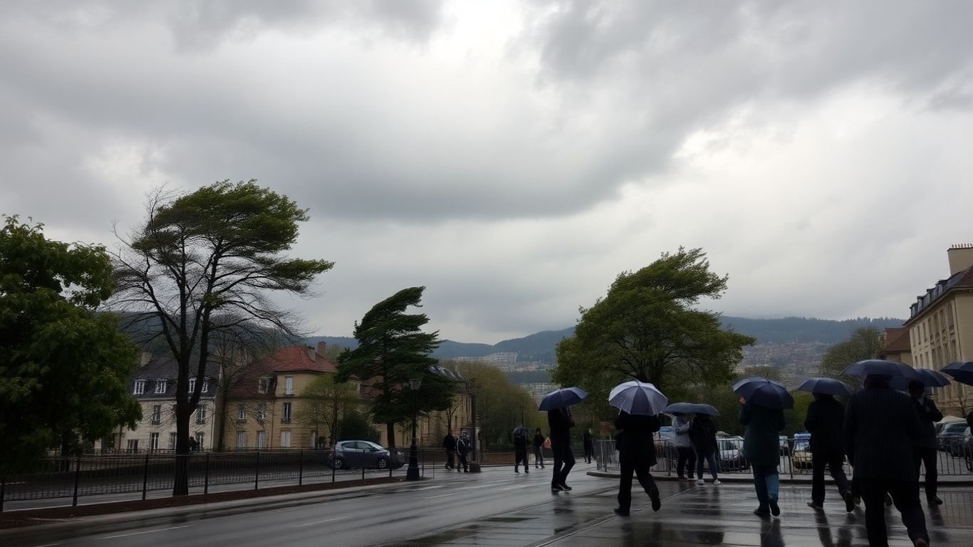 Pluie forte et vent en ville pendant la tempête Amy