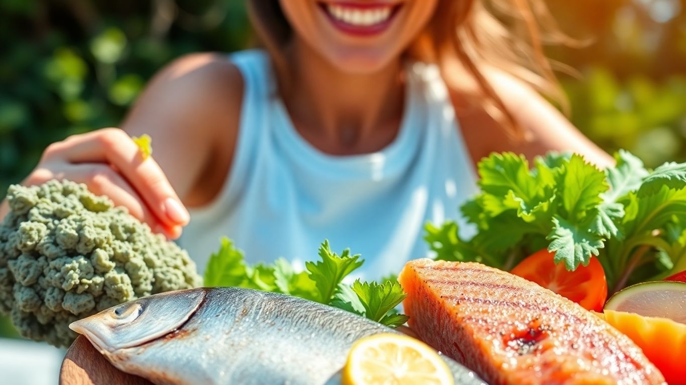 Healthy person enjoying omega-3 rich foods and nature.