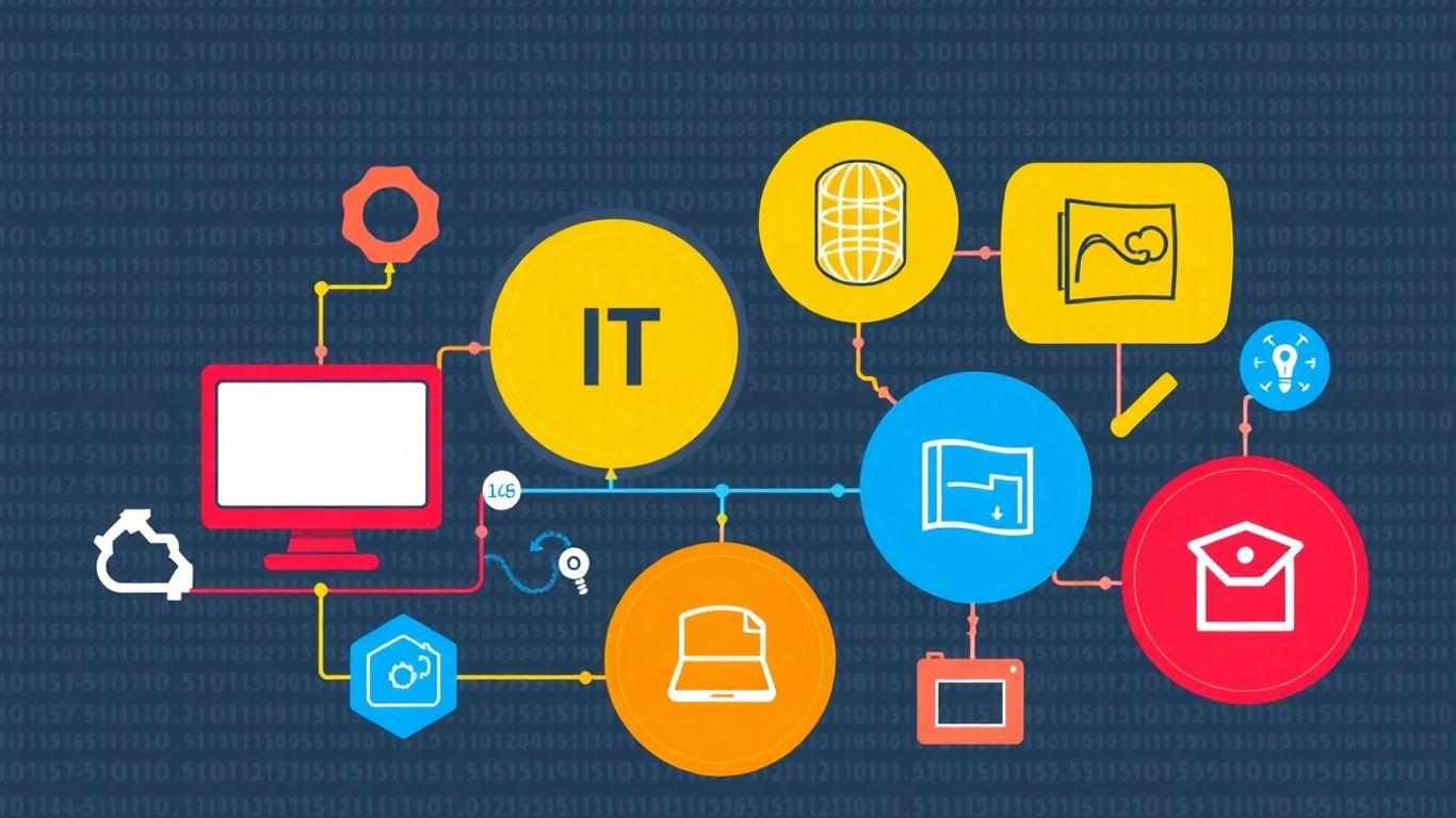 IT support infographic with icons and digital elements.