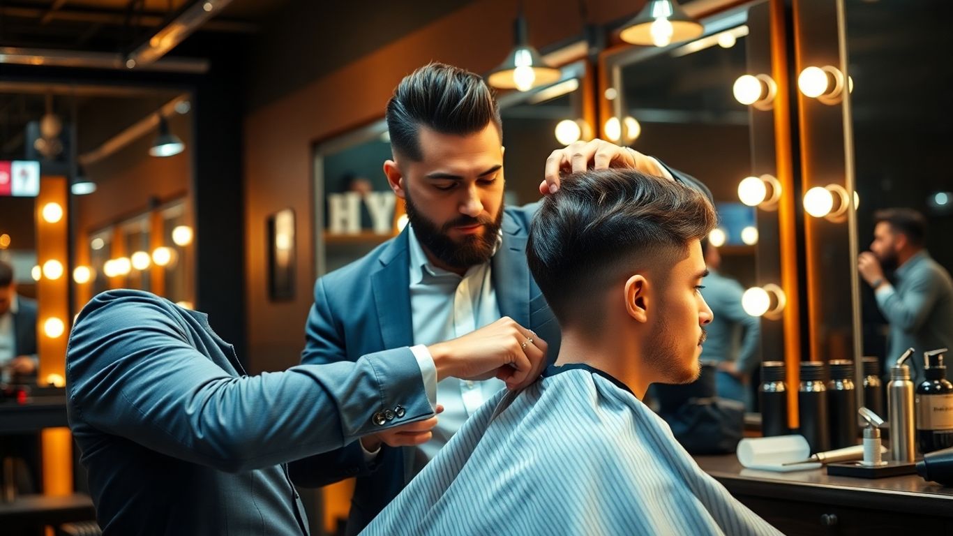 Professional man getting a haircut in a modern barbershop.