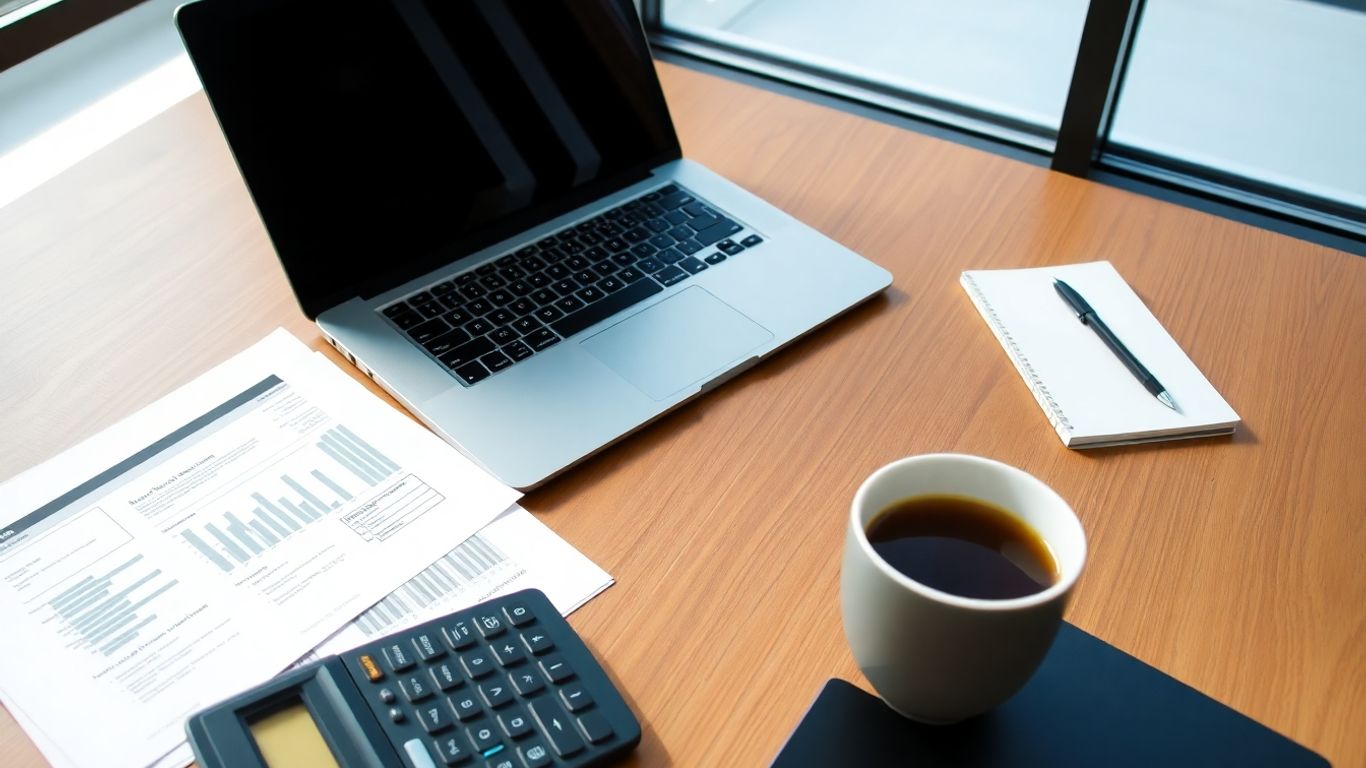 Modern desk with laptop, financial papers, and coffee