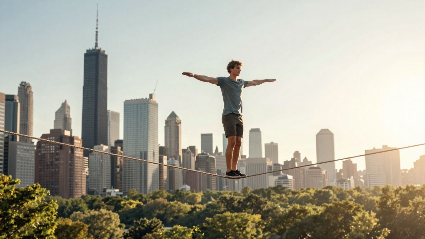 Persoană echilibrată între oraș și natură sub lumina soarelui.