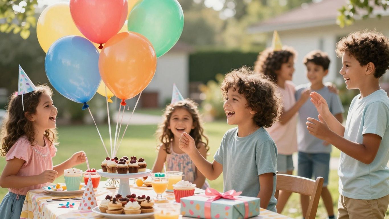 Happy children celebrating a birthday party with balloons and cake.