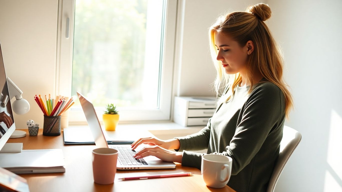 Australian woman typing on laptop at home desk