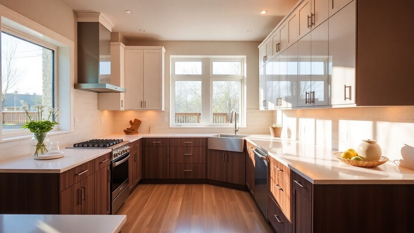 Modern kitchen remodel with sunlight and warm lighting.