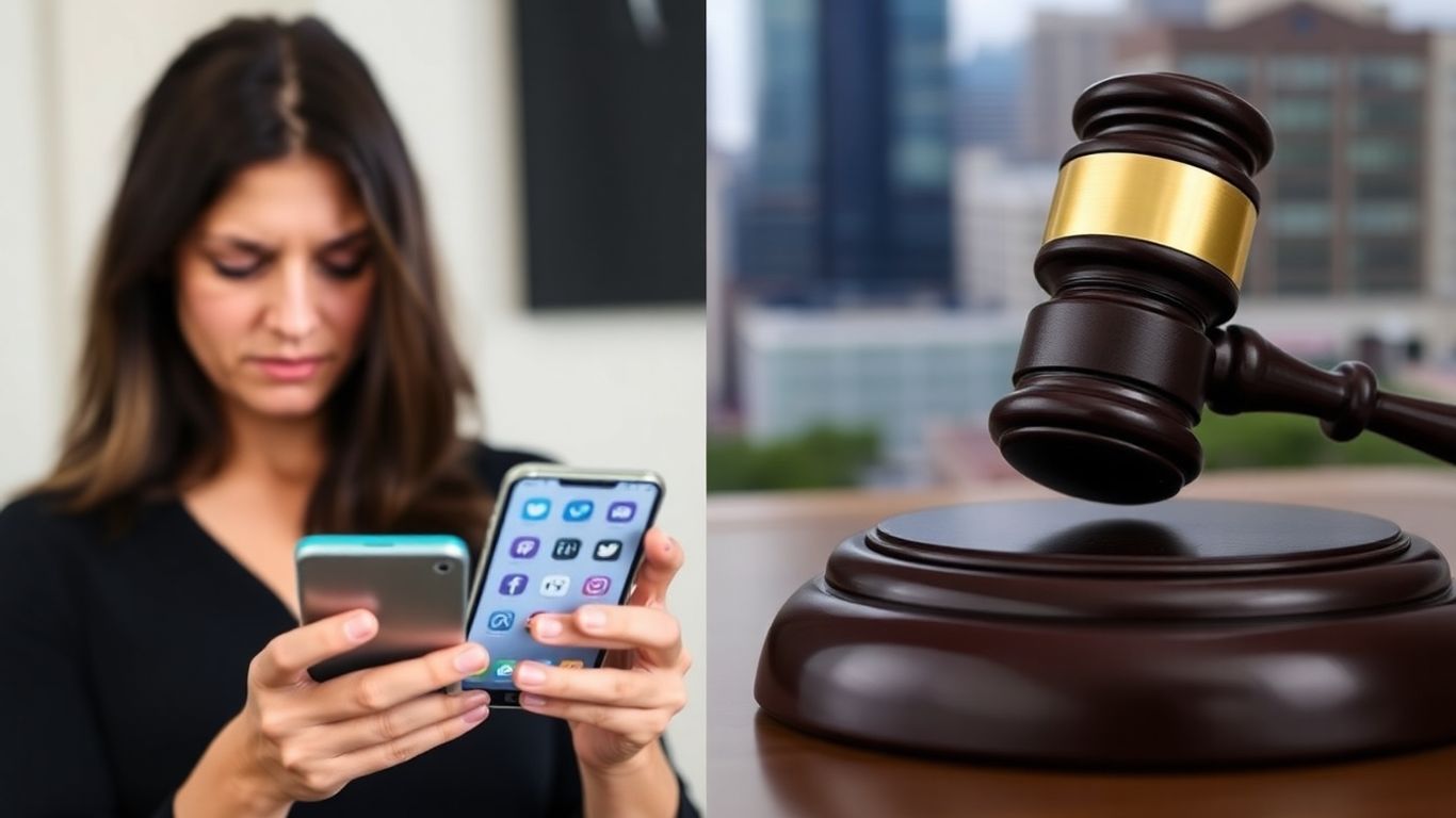 Social media icons and courtroom gavel