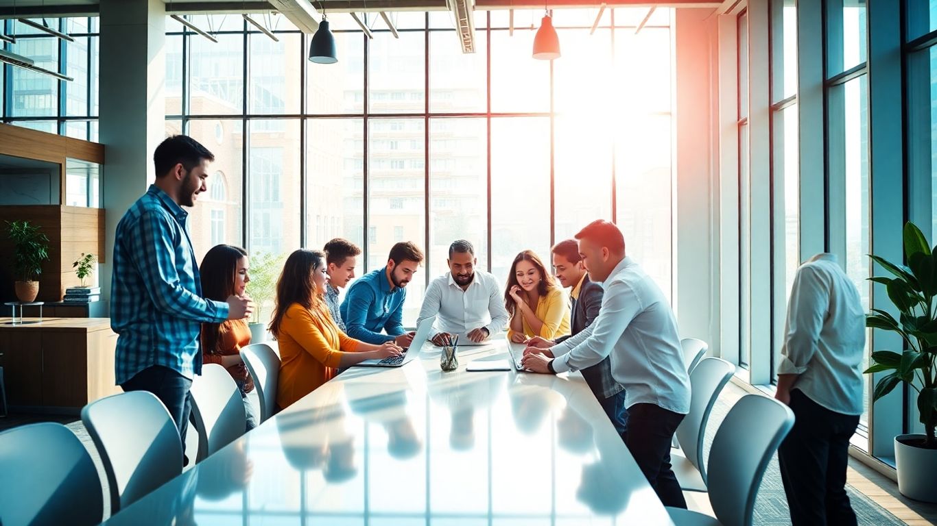 Professionals collaborating in a bright, modern office space.