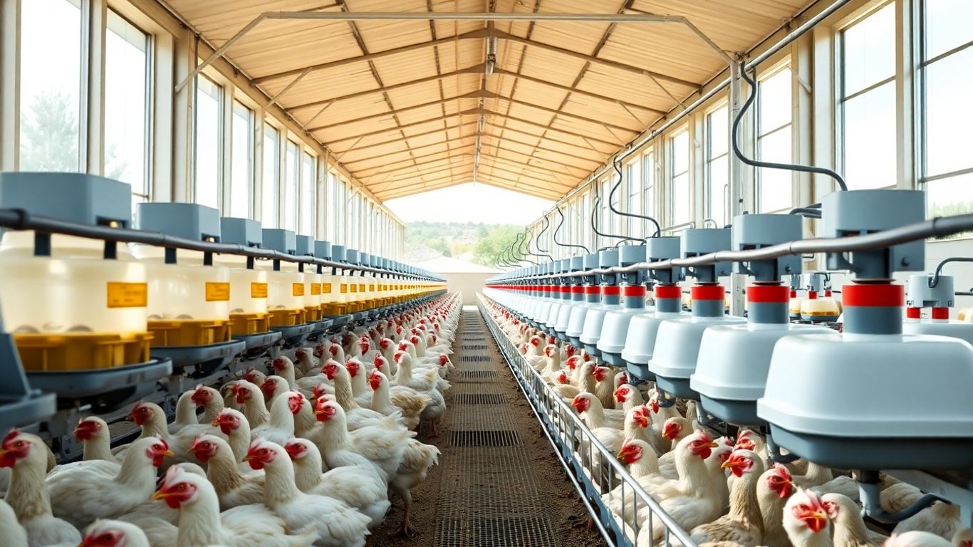 Automated feeders and chickens in a modern poultry farm.
