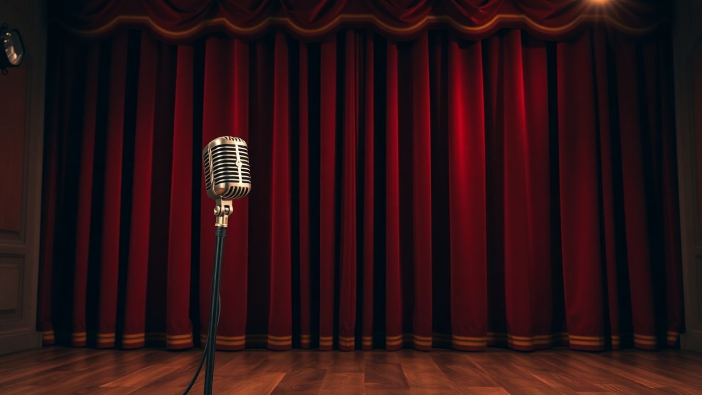 Vintage microphone on stage with red theatre curtains