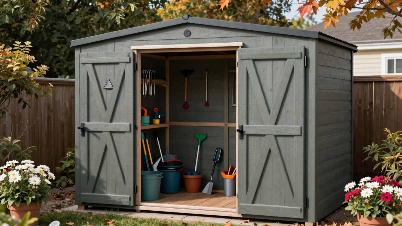Backyard storage shed with organized tools and seasonal decor.