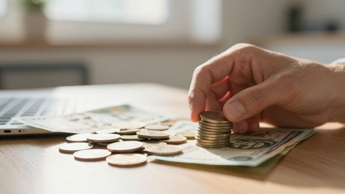 Person managing money, coins, bills, home background, sunlight.