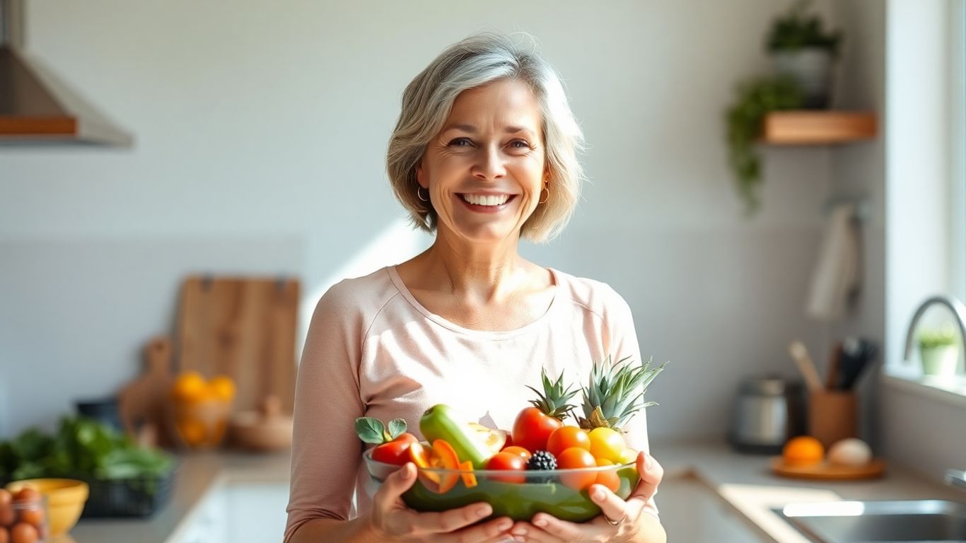 Mulher saudável na cozinha com frutas e vegetais.