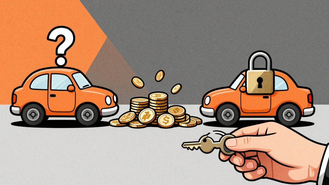 Cartoon car and money with padlock and key.