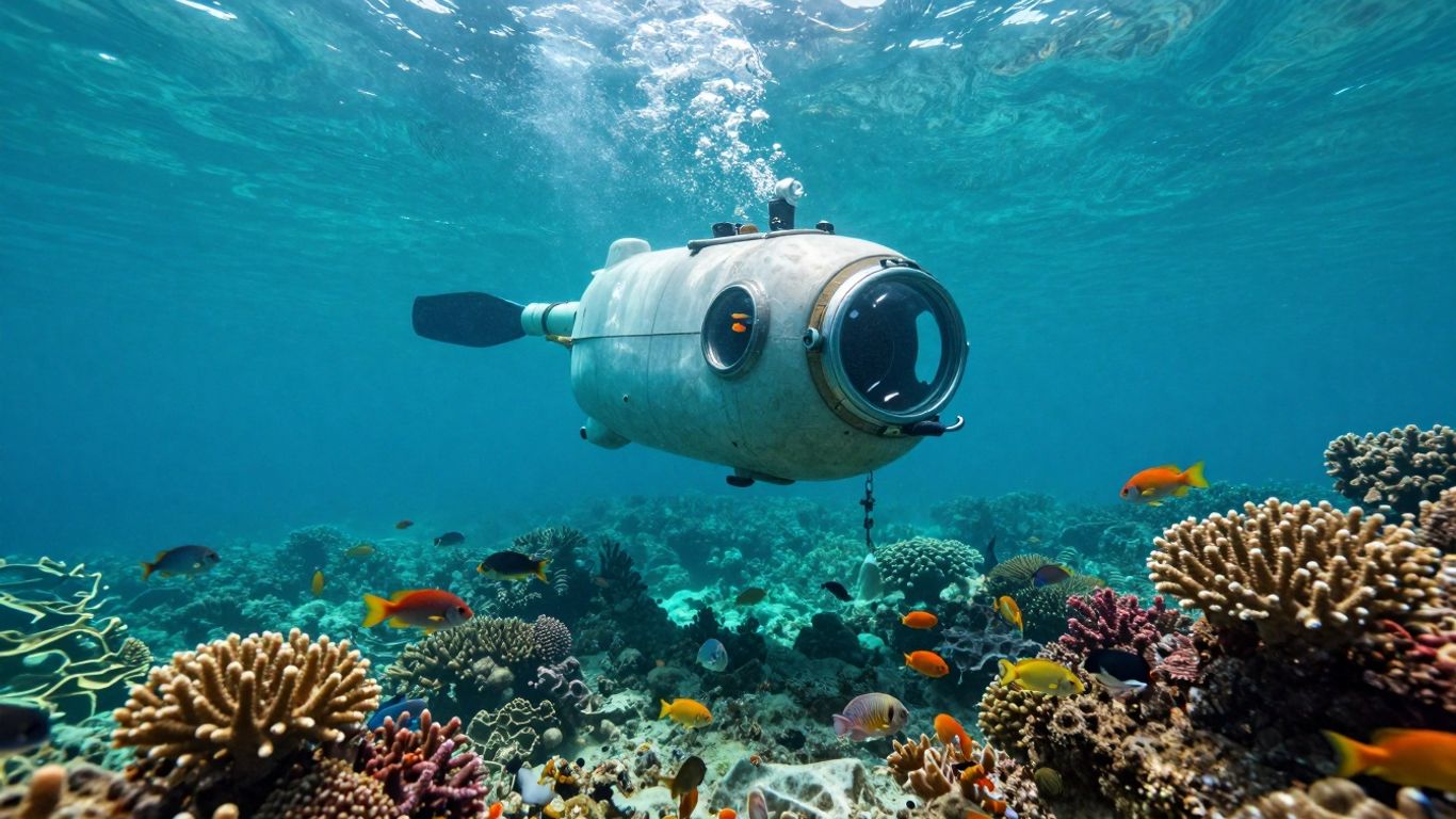 Private submarine exploring vibrant coral reefs and marine life.