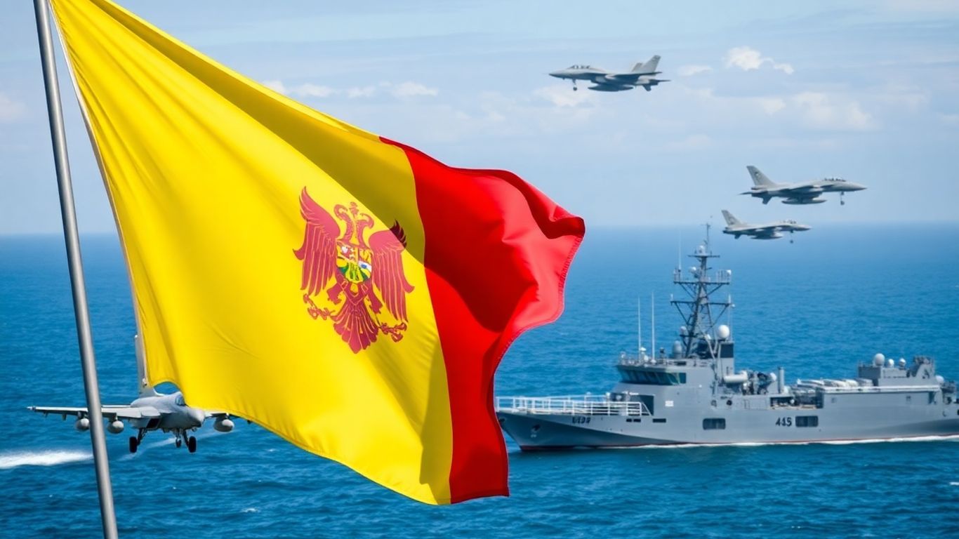 Steagul României cu avioane și nave militare.