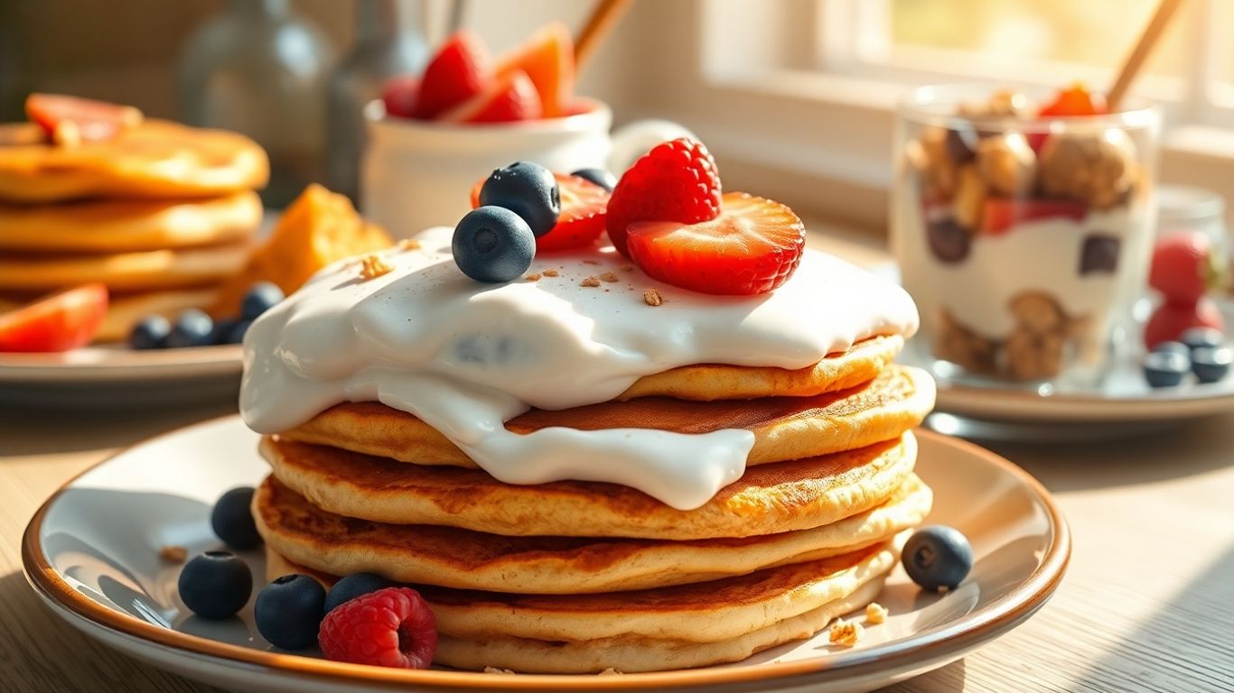 High protein breakfast spread with pancakes and parfait.