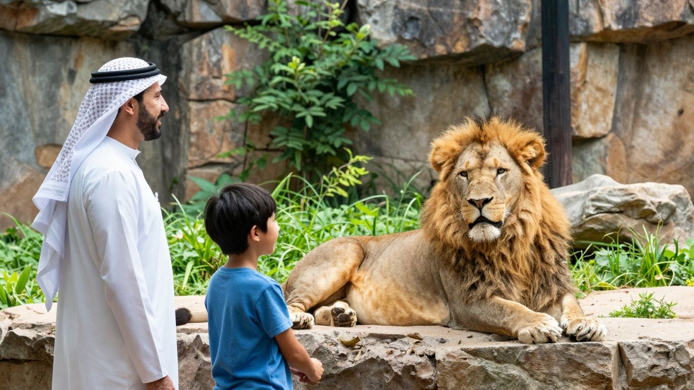 Familie beobachtet Löwen im Tierpark NRW