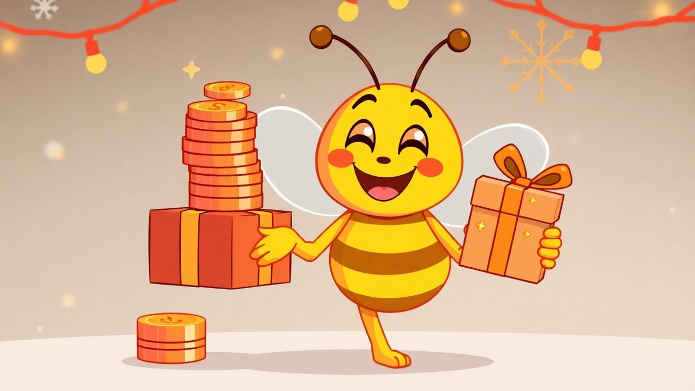 Cartoon bee holding coins and gift, holiday theme.