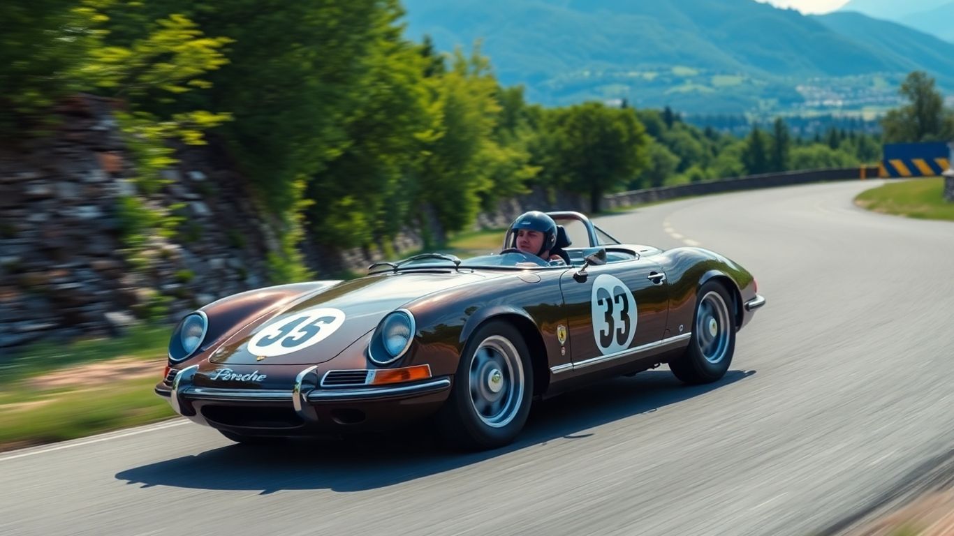 Porsche race car driven by Timo Bernhard on a scenic road.