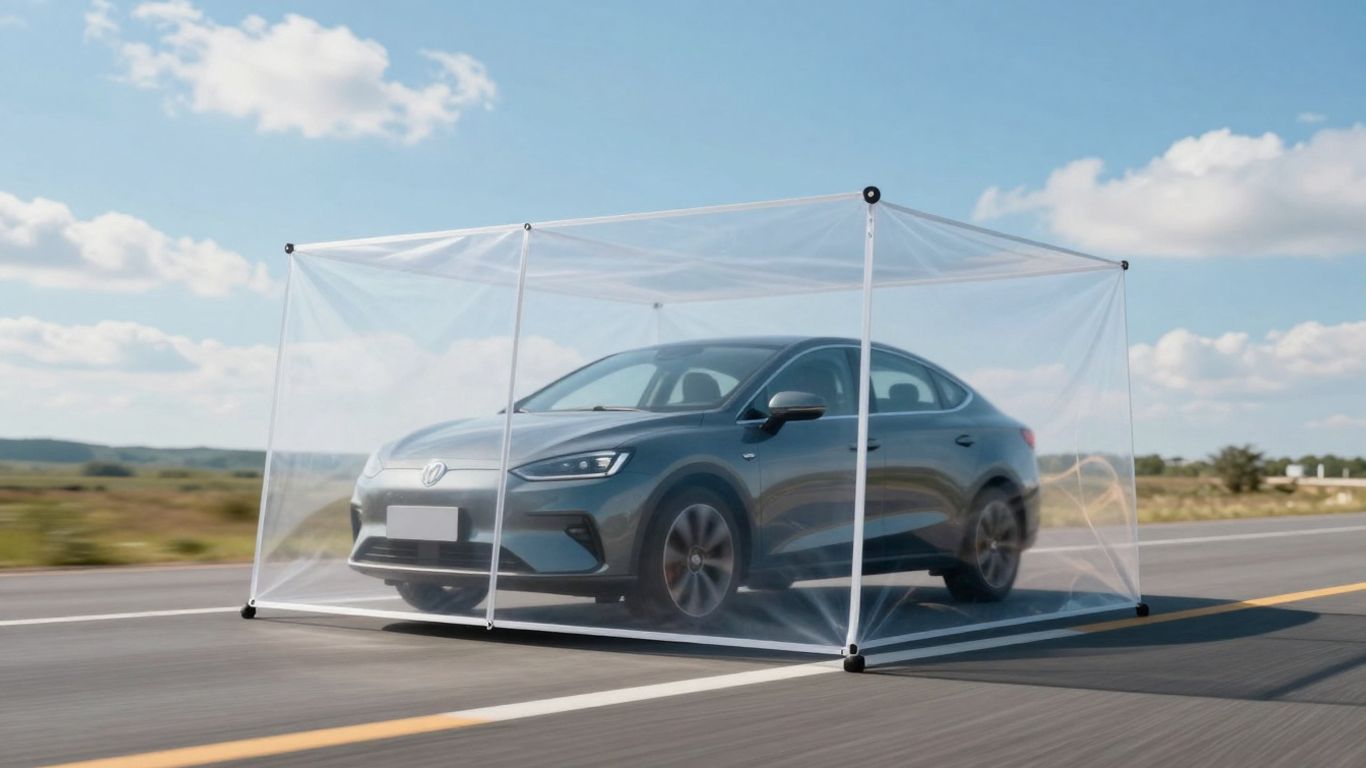 Car protected by a shield on a sunny road.