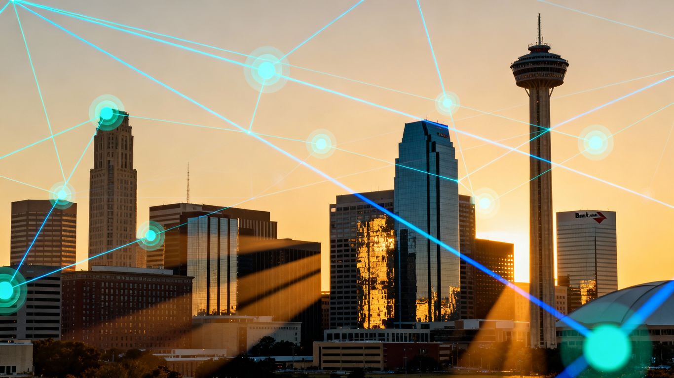 Dallas skyline with digital network overlay