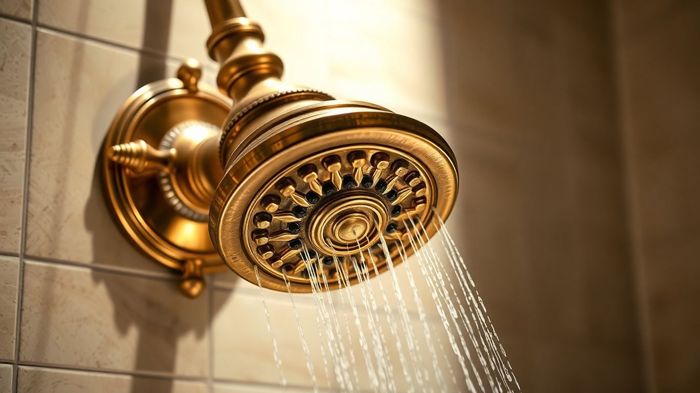 Antique brass wall-mount shower fixture in a bathroom.