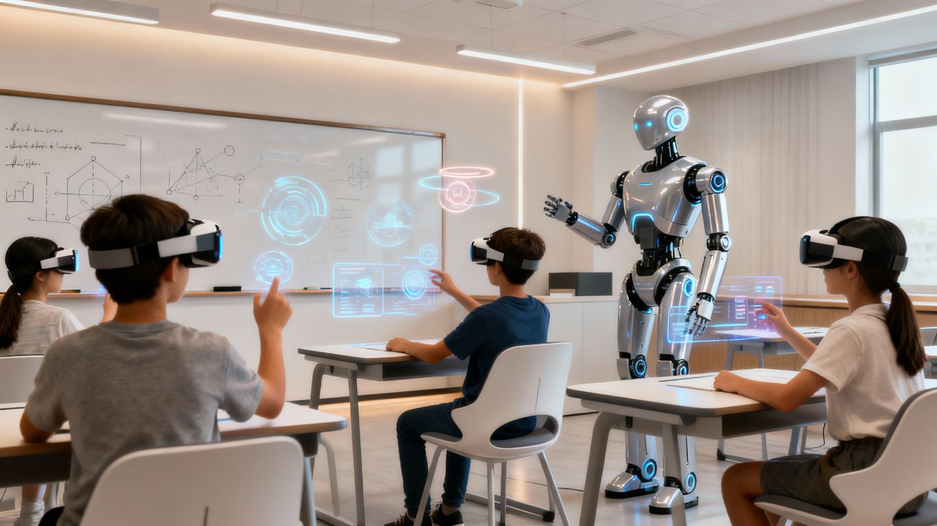 Students using VR and AI in futuristic classroom