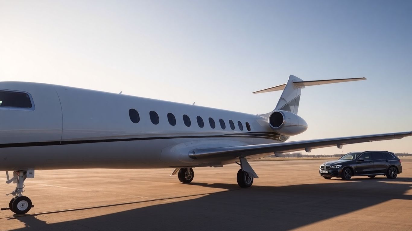 Private jet on tarmac with luxury SUV approaching.