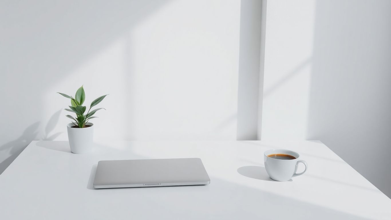 Minimal modern workspace with white surfaces and natural light