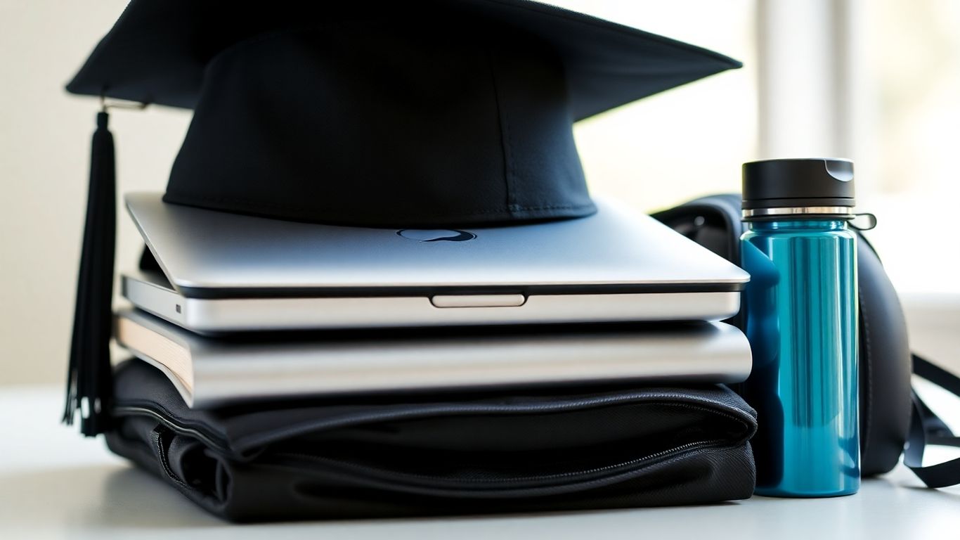Graduation cap with practical gifts like laptop, backpack, and water bottle.