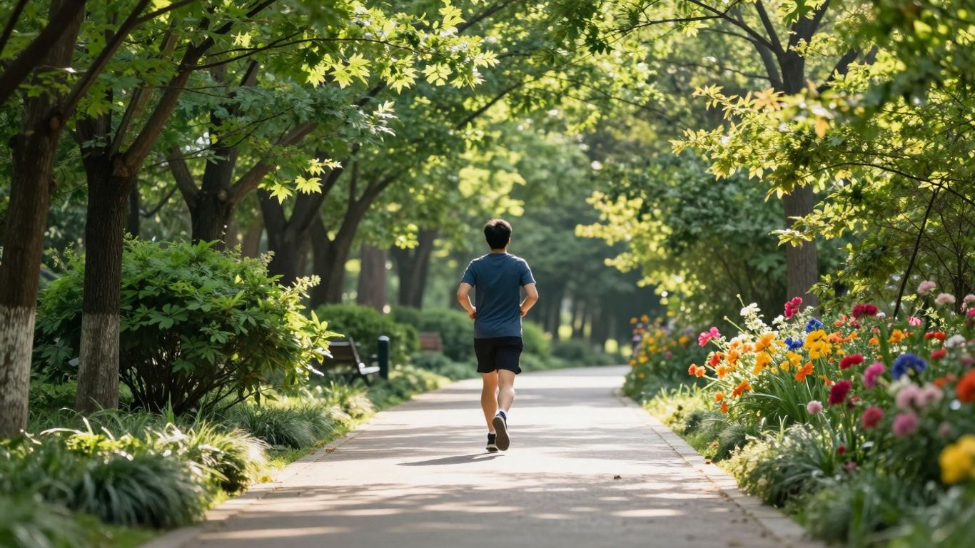 Persoană alergând într-un parc însorit, înconjurată de natură.