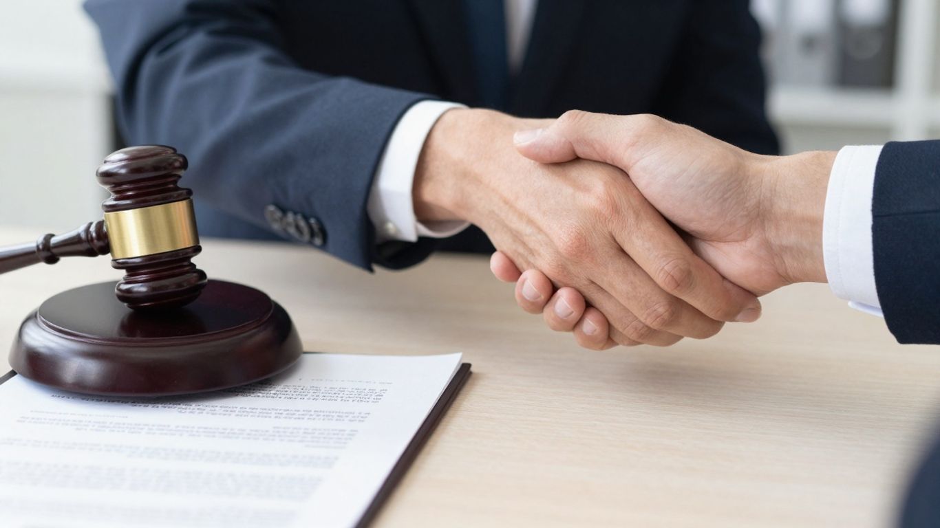 Gavel and shaking hands for insurance dispute resolution.