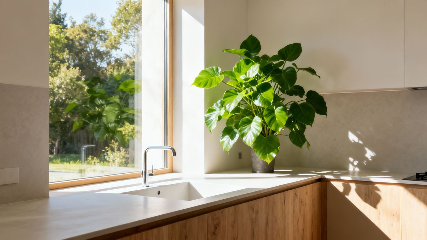 Modern, bright restroom with natural light and plants.