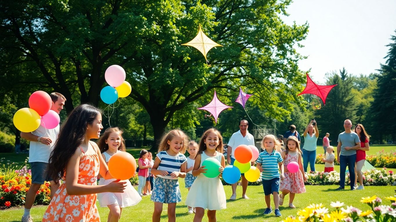 Família feliz brincando no parque no Dia da Criança.